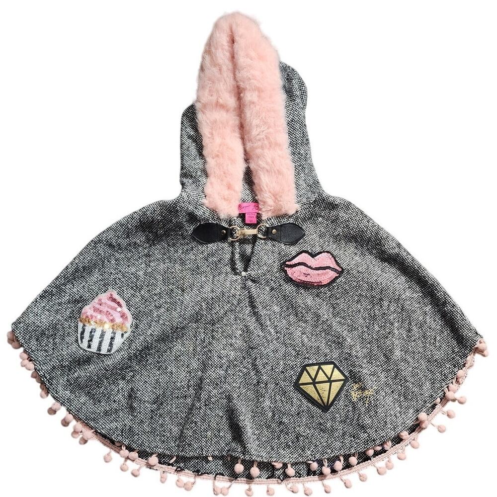 Betsey Johnson Tweed Poncho Faux Fur Hooded Sequined Cap Size 3T